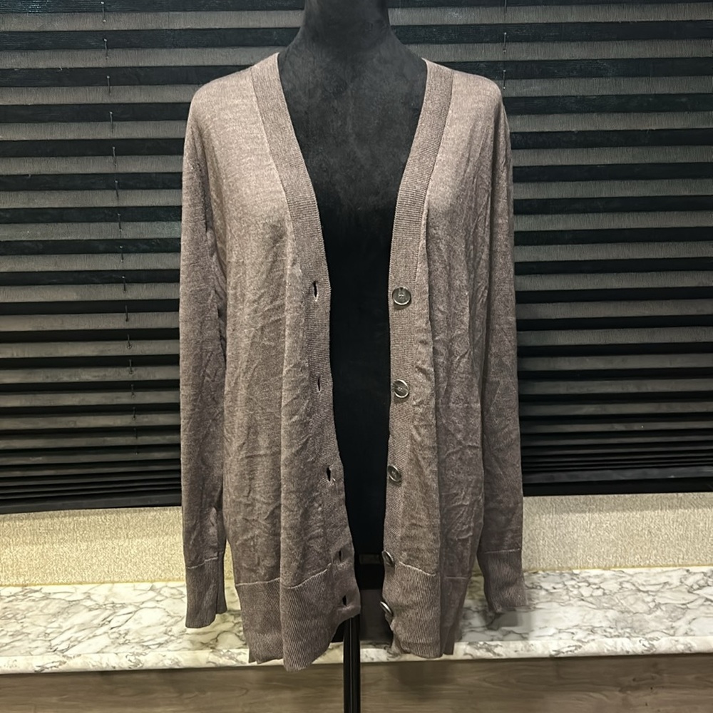 LOFT Women’s Taupe Brown‎ Button Front LS Hip Length Wool Blend Cardigan Large